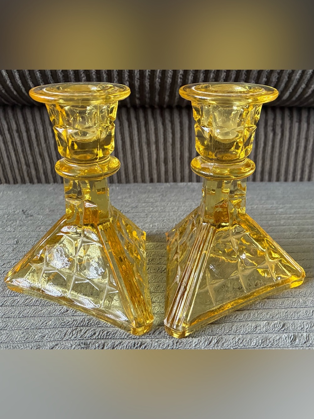 Set of 2 VTG Indiana Glass Candle Holders Celestial Yellow Candlestick Star
